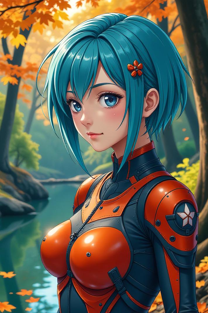 Anime style s Water Beetle from Mass Effect universe, Greased Back cyan hair, autumn, shoulder level shot