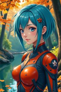Anime style s Water Beetle from Mass Effect universe, Greased Back cyan hair, autumn, shoulder level shot