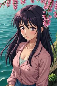 Anime style s Alaskan Pollock from Kill Bill universe, Lob wisteria hair, spring, aerial view shot