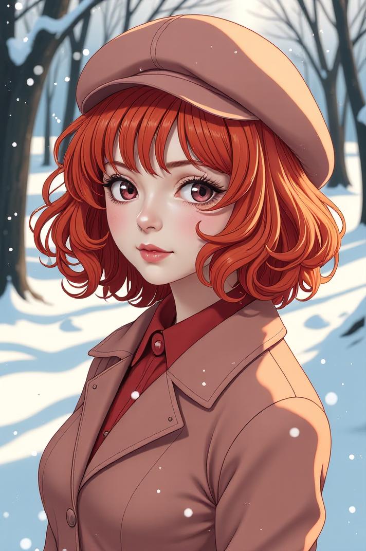 anime style masterpiece,best quality , Bob Curly orange hair, winter