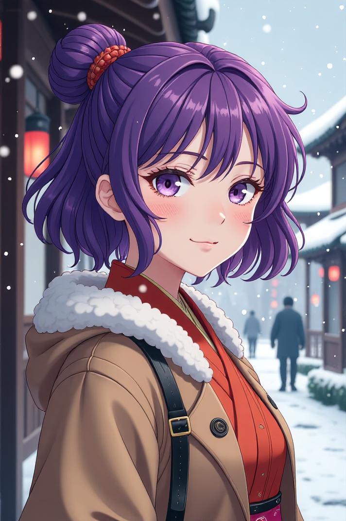 anime style masterpiece,best quality , Over Eye Curly violet hair, winter