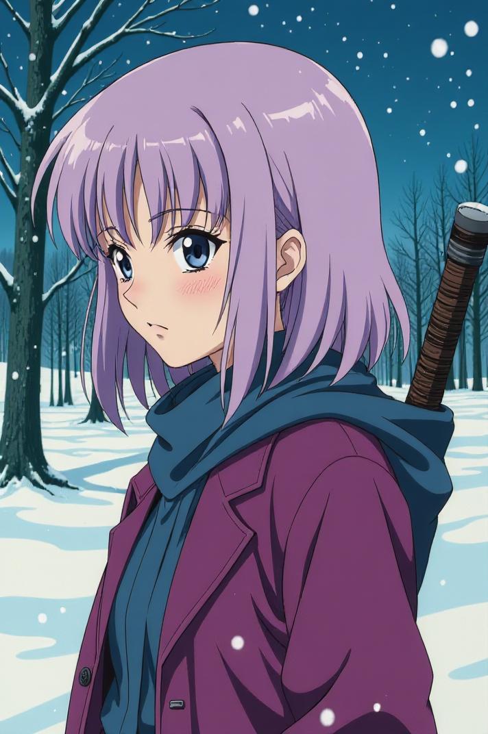 Anime style s Sawfish from Fargo universe, Grungey Parted lavender hair, winter, shoulder level shot