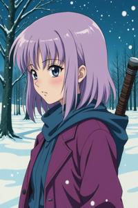 Anime style s Sawfish from Fargo universe, Grungey Parted lavender hair, winter, shoulder level shot