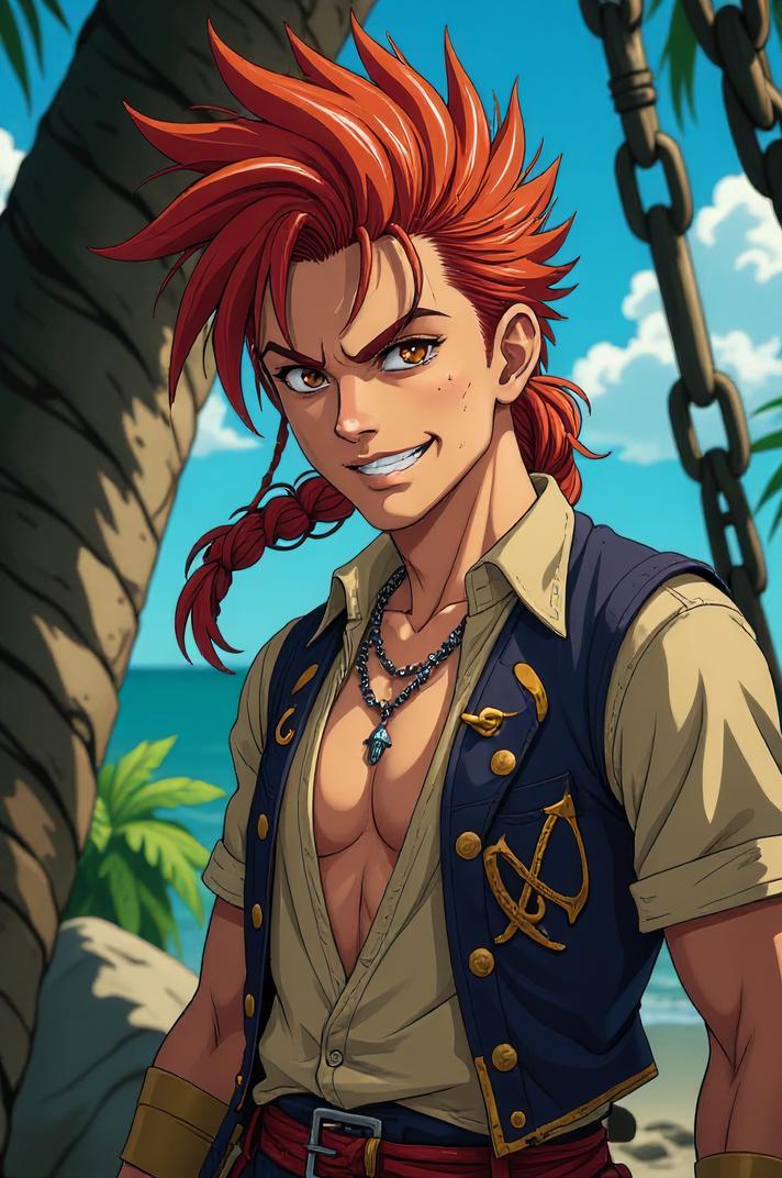 Anime style s Antiguan Racer Snake from Pirates of the Caribbean universe, Mohawk Flat chestnut hair, spring, expressions shot