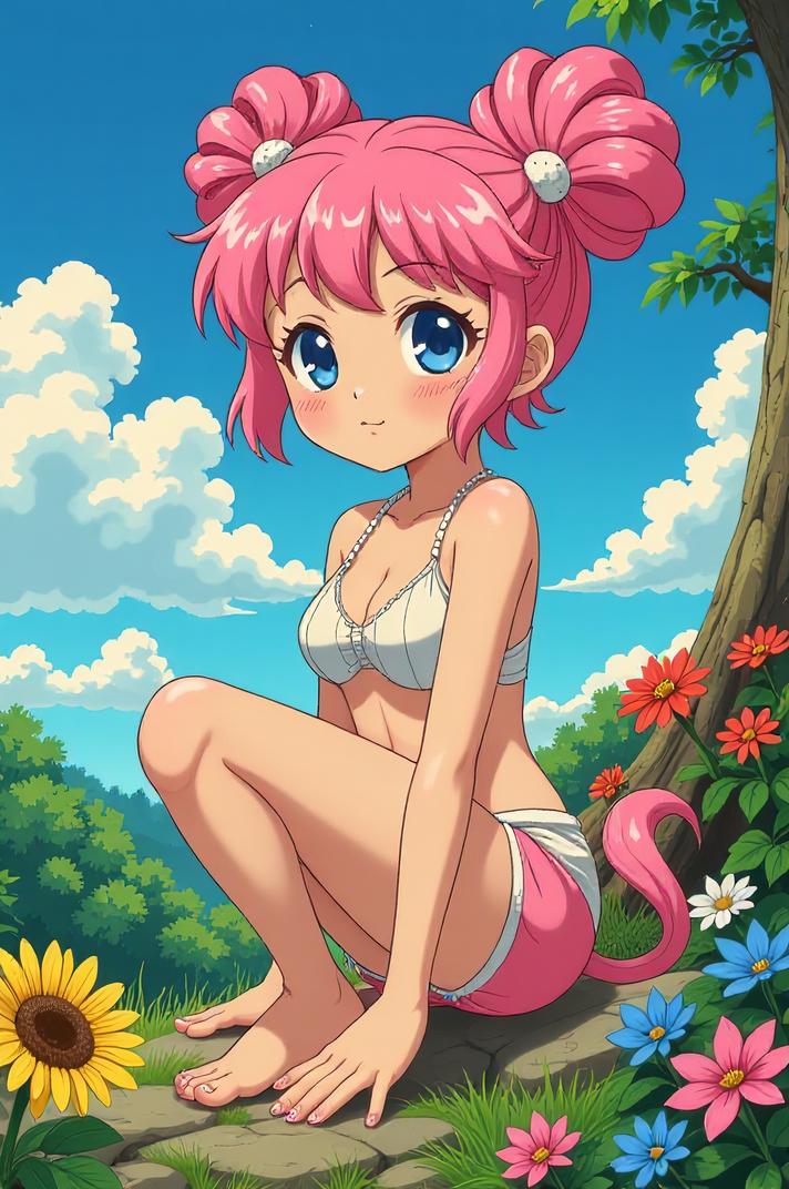 Anime style s Animals that start with N from Marvel universe, Bun Curly pink hair, summer, knee level shot