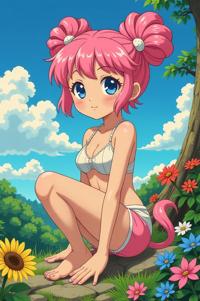Anime style s Animals that start with N from Marvel universe, Bun Curly pink hair, summer, knee level shot