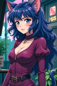 Anime style s Flathead Catfish from John Wick universe, Lob Curly blue violet hair, summer, full body shot
