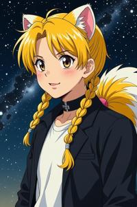 Anime style s Spotted Skunk from Man in black universe, Pony Tail Braids school bus yellow hair, summer, expressions shot