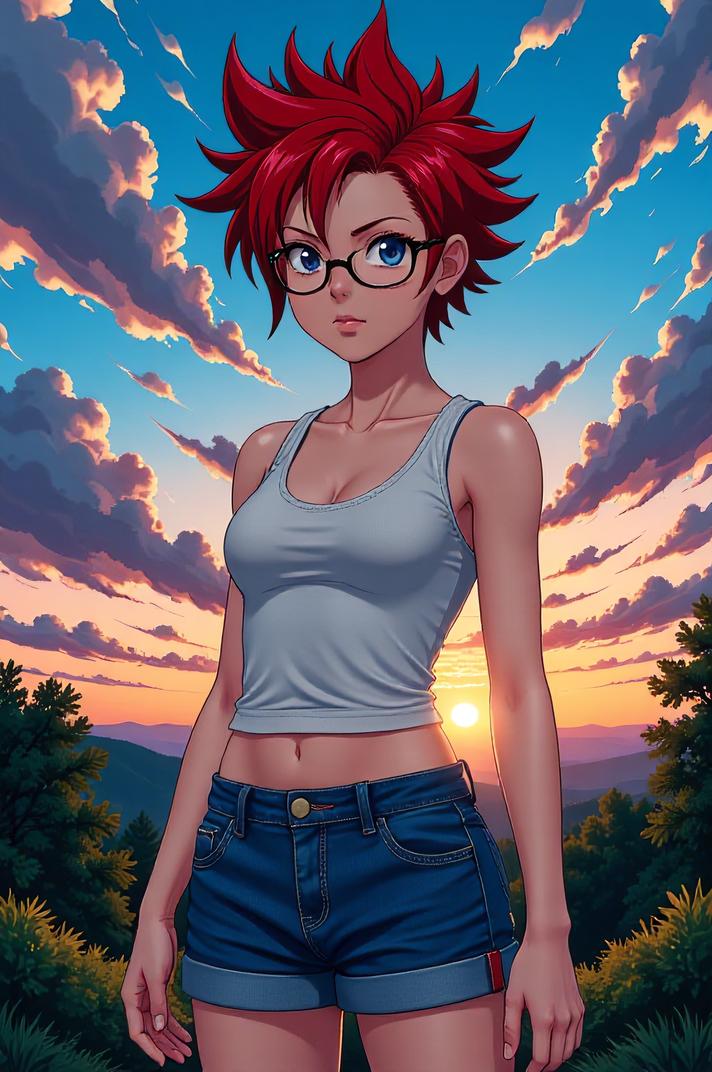 anime style masterpiece,best quality , Spike scarlet hair, summer