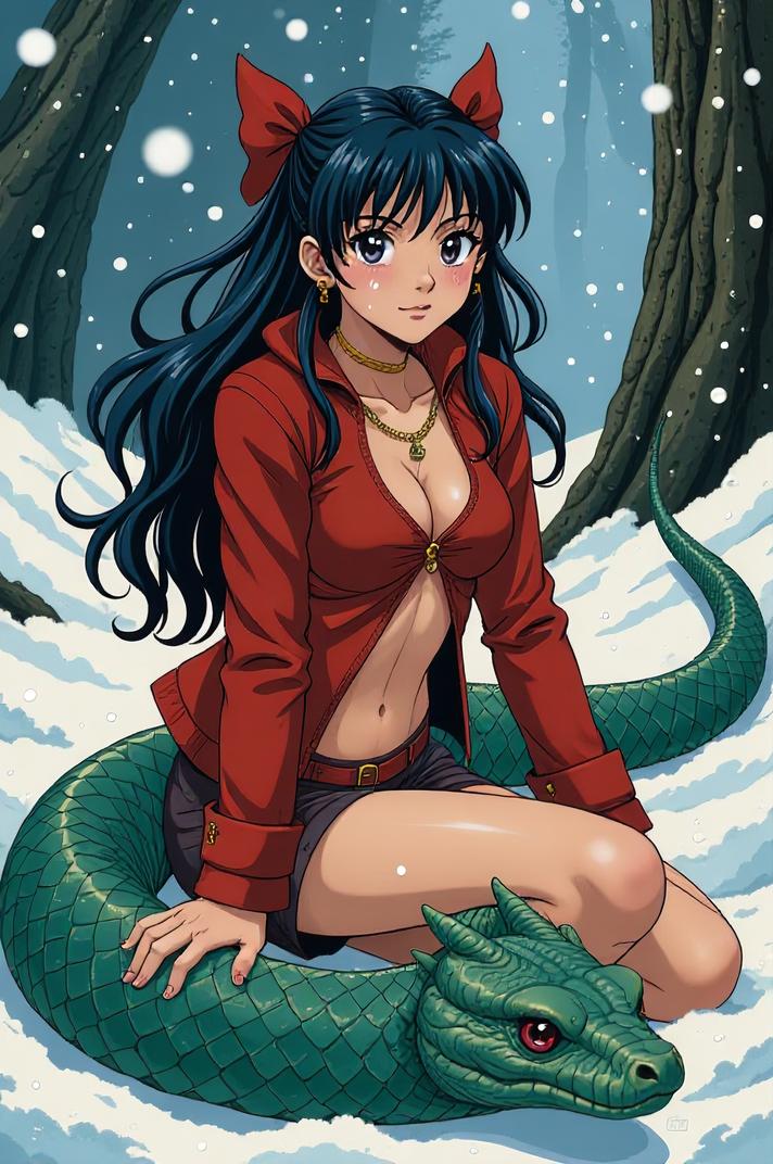 Anime style s Bolivian Anaconda from Harry Potter universe, Over Left Eye sangria hair, winter, knee level shot