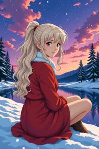 anime style masterpiece,best quality , Over Eye Curly ivory hair, winter