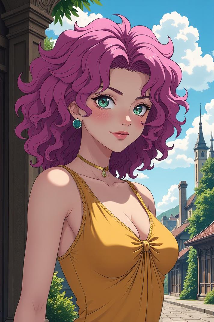 Anime style s Havashire from Game of Thrones universe, Over Eye Curly orchid hair, summer, ground level shot