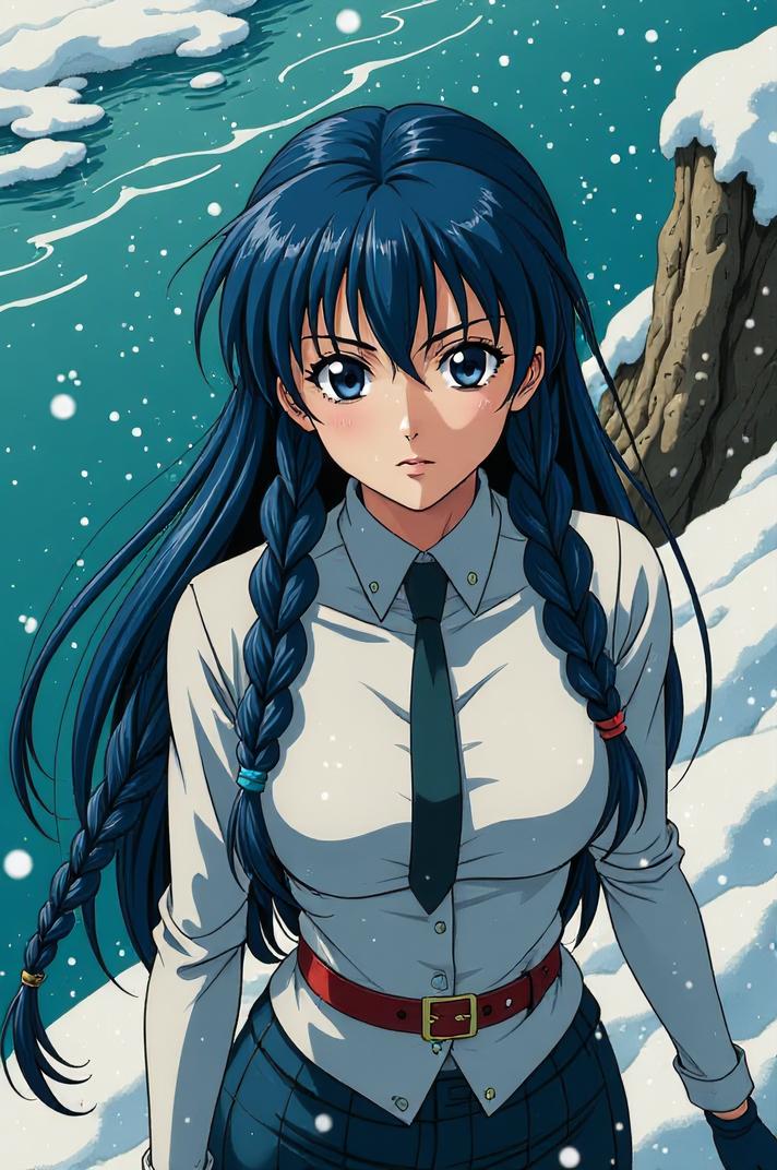 Anime style s Silky Shark from Alien universe, Long Braids harlequin hair, winter, high angle shot