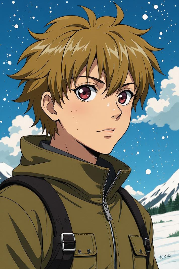 Anime style s Snowshoe from Hellraiser universe, Over Left Eye khaki hair, summer, shoulder level shot