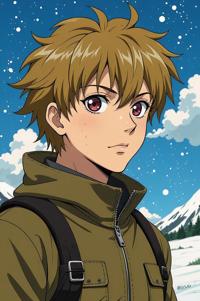 Anime style s Snowshoe from Hellraiser universe, Over Left Eye khaki hair, summer, shoulder level shot