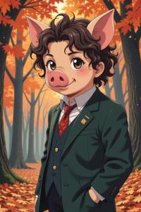 Anime style s Pig from John Wick universe, Short Curly pear hair, autumn, full body shot