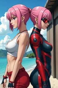 anime style masterpiece,best quality , Bald shocking pink hair, summer