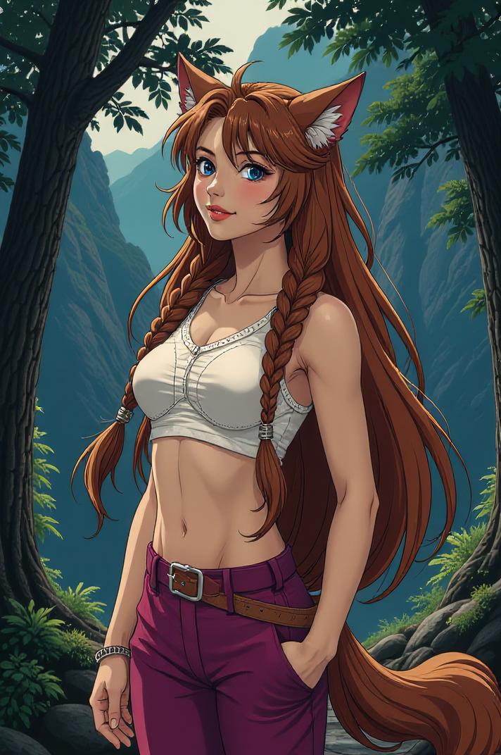Anime style s Kangal Shepherd Dog from The Dark Tower universe, Long Braids brown hair, spring, hip level shot