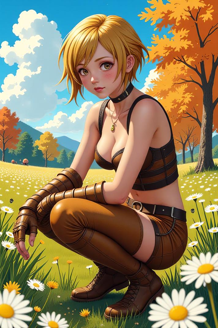 anime style masterpiece,best quality , Bald dandelion hair, autumn