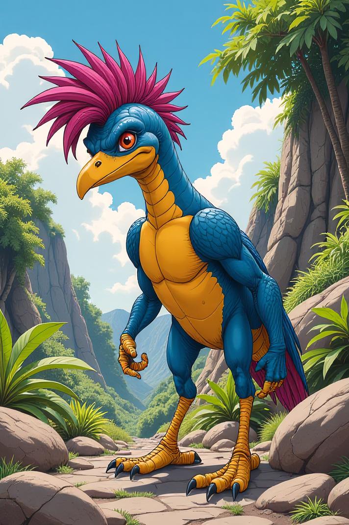 Anime style s Gastornis from Marvel universe, Mohawk Short plum hair, summer, ground level shot