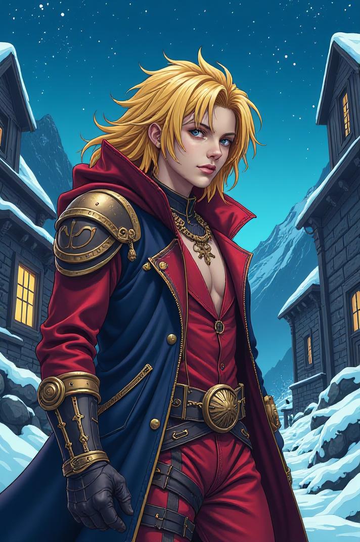 Anime style s Night Adder from World of warcraft universe, Lob yellow hair, winter, perspective shot