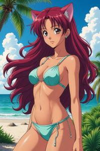 Anime style s Aruba Rattlesnake from Alien universe, Long Center Parting amaranth hair, summer, perspective shot