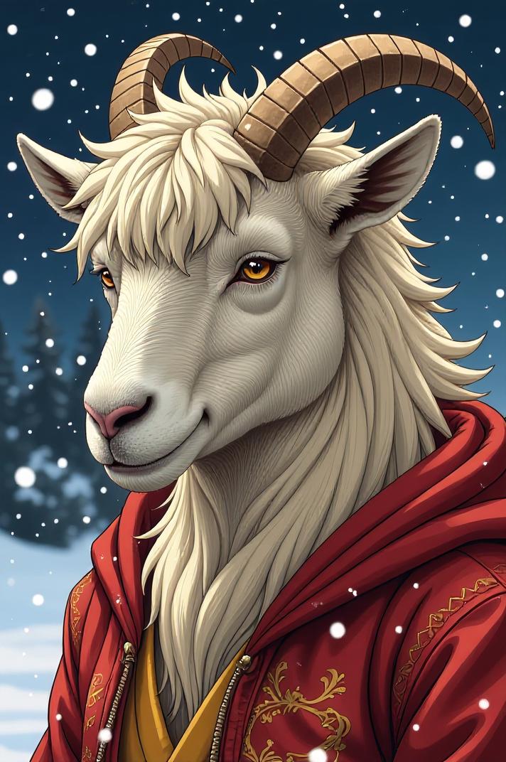 Anime style s Angora Goat from Mortal kombat universe, Long Center Parting khaki hair, winter, expressions shot