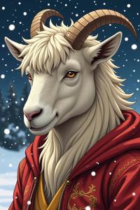 Anime style s Angora Goat from Mortal kombat universe, Long Center Parting khaki hair, winter, expressions shot