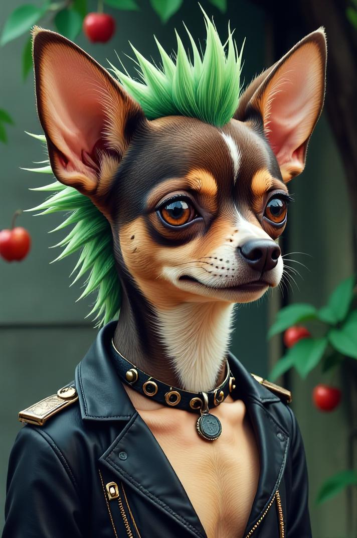 Anime style s Apple Head Chihuahua from Hellraiser universe, Spikes jade hair, summer, hip level shot