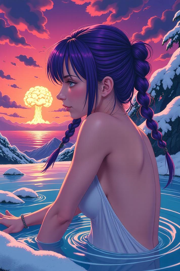 anime style masterpiece,best quality , Cornrows royal purple hair, winter