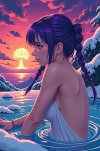 anime style masterpiece,best quality , Cornrows royal purple hair, winter