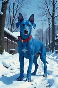 Anime style s Blue Lacy Dog from Fargo universe, Bald royal blue hair, winter, ground level shot