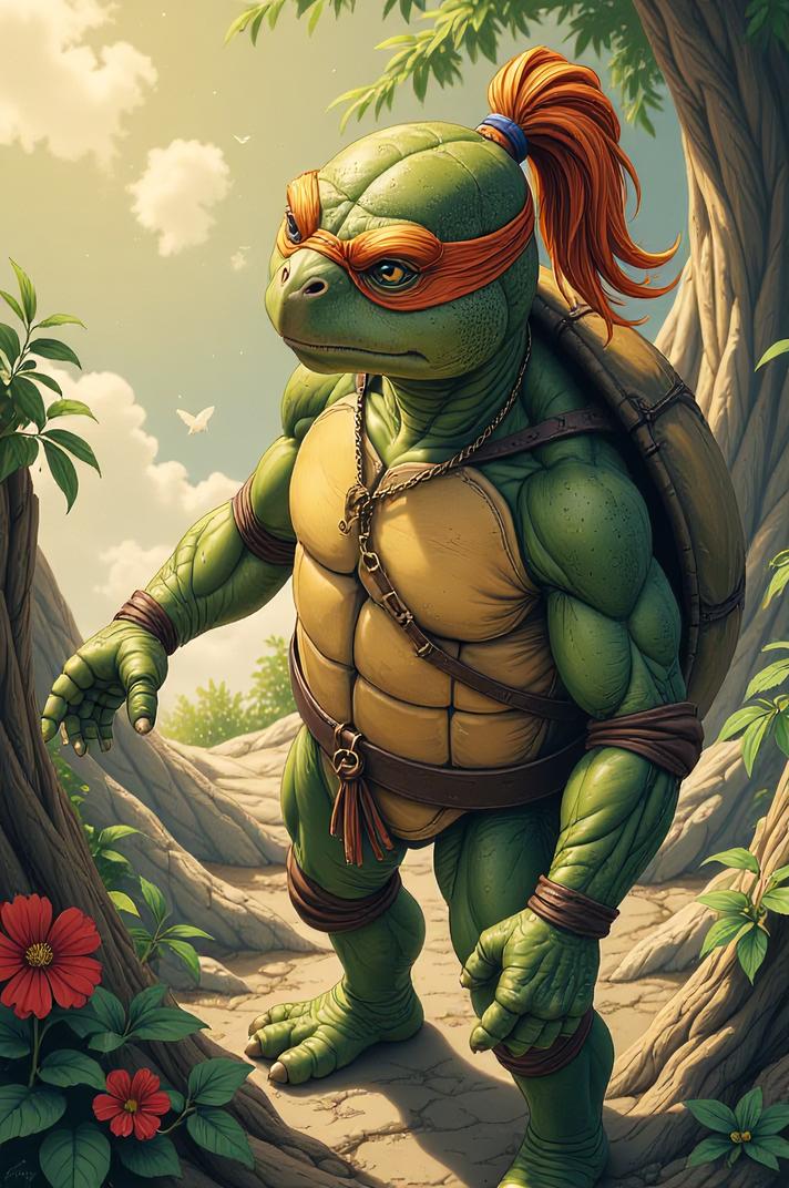Anime style s Eastern Box Turtle from Dune universe, Grungey pear hair, summer, aerial view shot