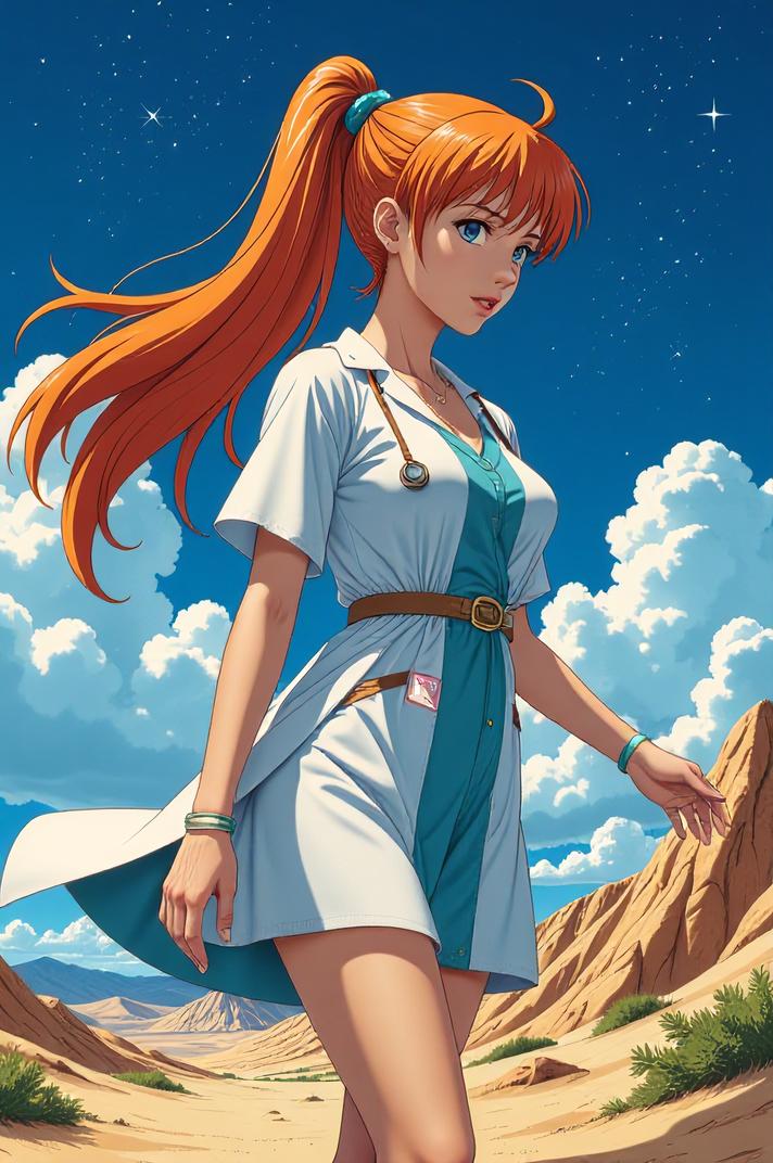 anime style masterpiece,best quality , Pony Tail carrot orange hair, summer