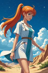 anime style masterpiece,best quality , Pony Tail carrot orange hair, summer