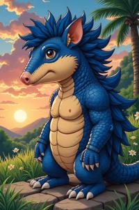 Anime style s Armadillo from The Dark Tower universe, Short Curly ultramarine hair, summer, looking away shot