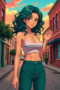 anime style masterpiece,best quality , Over Eye Curly emerald hair, summer
