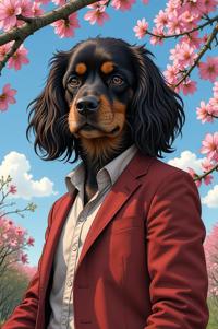 Anime style s Boykin Spaniel from Kill Bill universe, Grungey Long magnolia hair, spring, high angle shot