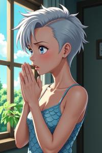 anime style masterpiece,best quality , Mohawk Short silver hair, summer