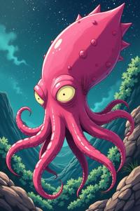 Anime style s Colossal Squid from Rick and Morty universe, Spikes rose hair, spring, from above shot