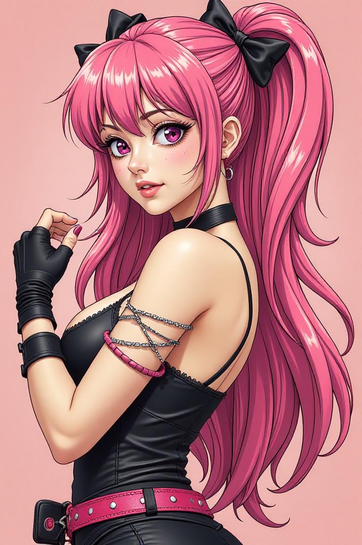 Anime style s Tufted Coquette from Mortal kombat universe, Over Left Eye pink hair, spring, Front side back three views shot
