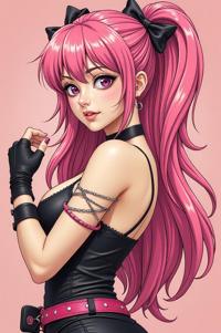 Anime style s Tufted Coquette from Mortal kombat universe, Over Left Eye pink hair, spring, Front side back three views shot