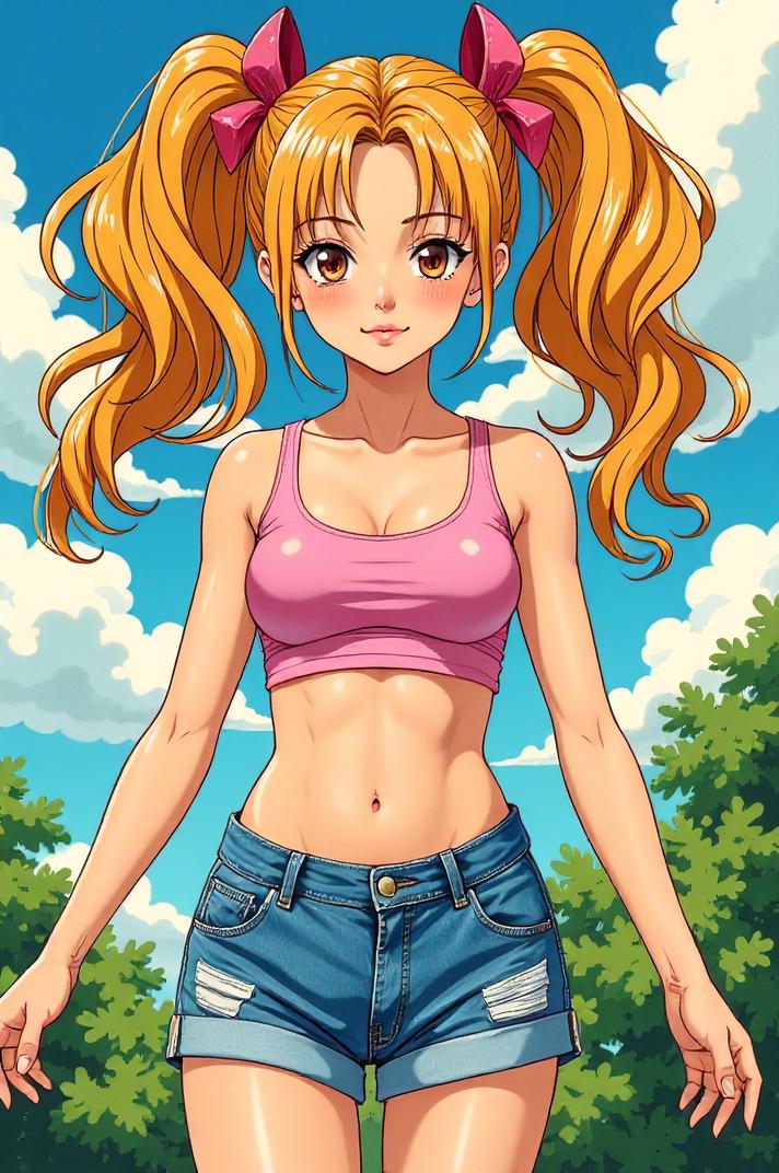 anime style masterpiece,best quality , Grungey Behind Ears brass hair, summer