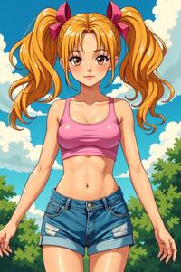 anime style masterpiece,best quality , Grungey Behind Ears brass hair, summer