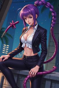 Anime style s Tailless Whip Scorpion from John Wick universe, Mohawk Flat royal purple hair, spring, knee level shot