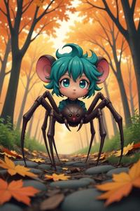 Anime style s Mouse Spider from Fifth Element universe, Top Curls turquoise hair, autumn, perspective shot