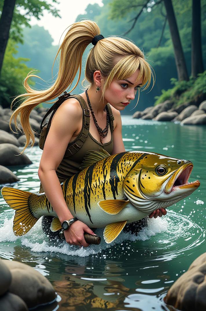Anime style s Tiger Trout from Warhammer , universe, Pony Tail gold hair, spring