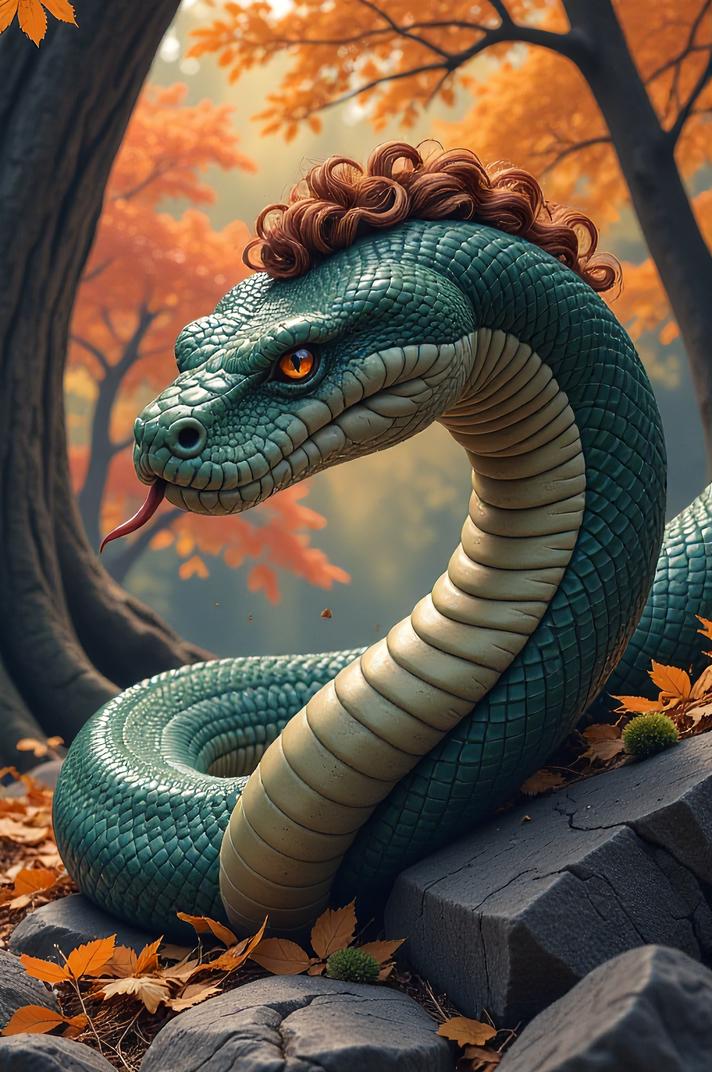 Anime style s IMG Boa Constrictor from World of warcraft universe, Bob Curly raw umber hair, autumn, from below shot
