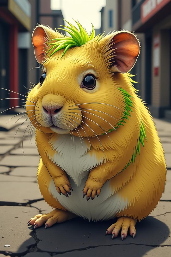 Anime style s Abyssinian Guinea Pig from Blade Runner universe, Grungey Parted chartreuse hair, summer, hip level shot