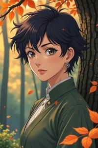 Anime style s Discus from Avatar universe, Right Parting gamboge hair, autumn, from below shot